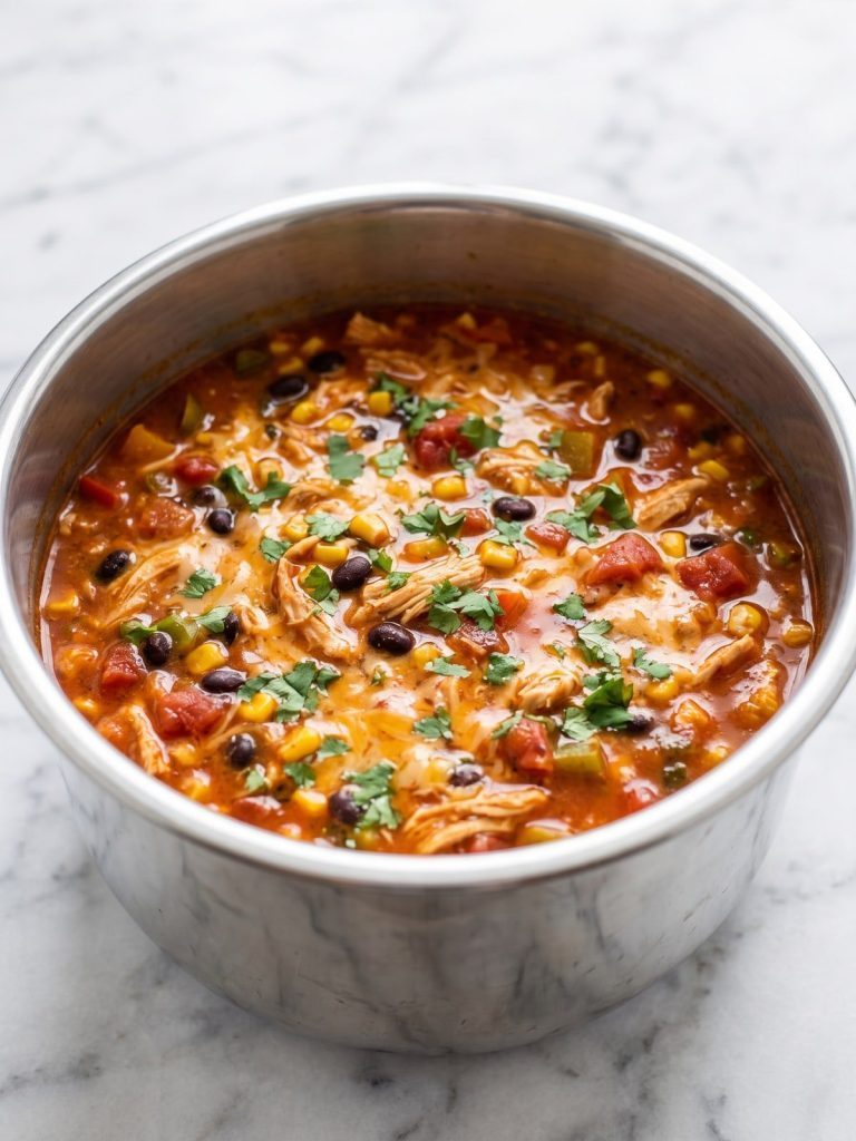 A pot of chicken enchilada soup with shredded chicken, black beans, corn and melted cheese