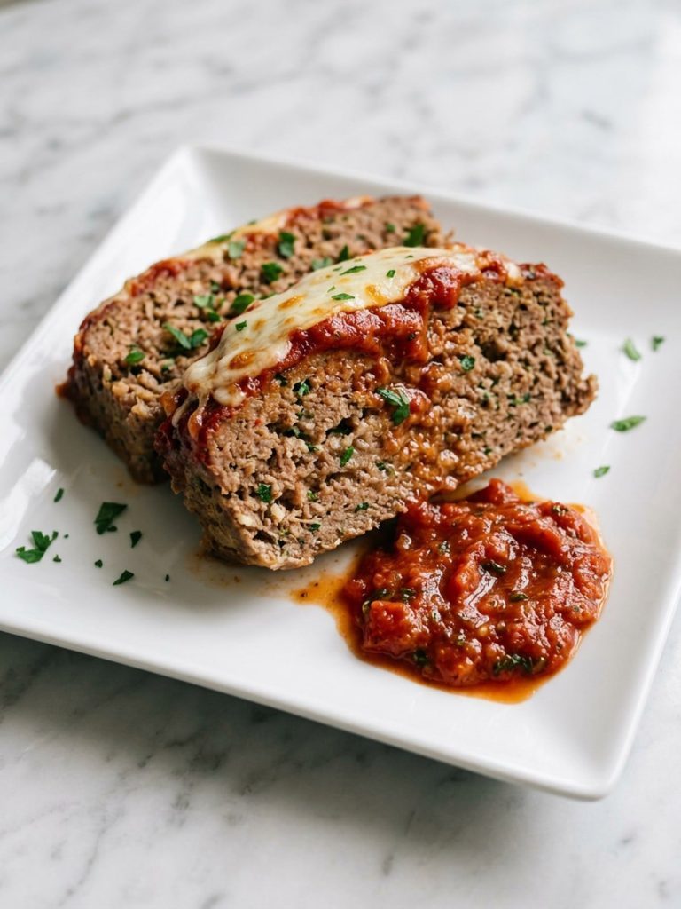 Two slices of Italian meatloaf with marinara and mozzarella on a plate