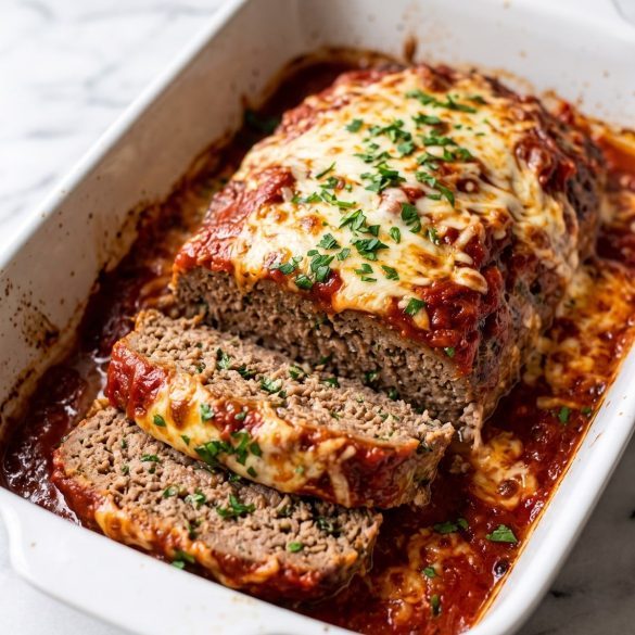 An Italian meatloaf topped with marinara and melted mozzarella in a baking dish