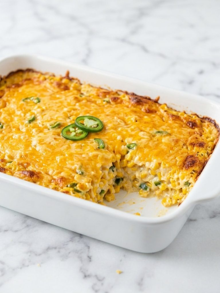 Jalapeno corn casserole with bubbling cheddar in a 9x13 baking dish