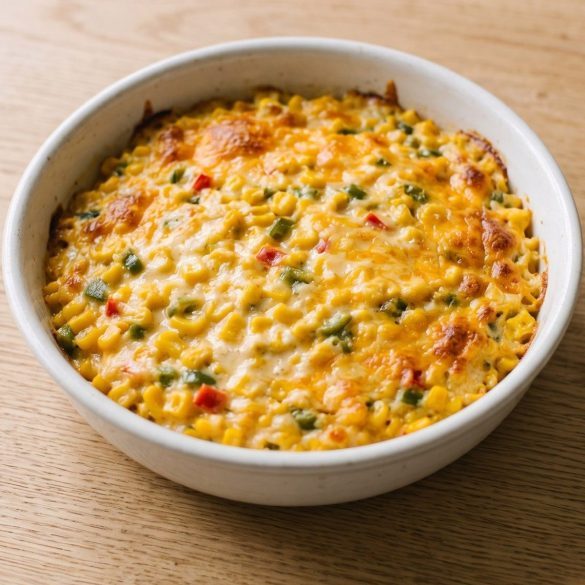 A bowl of creamy jalapeno corn casserole with melted cheddar and green jalapeno pieces