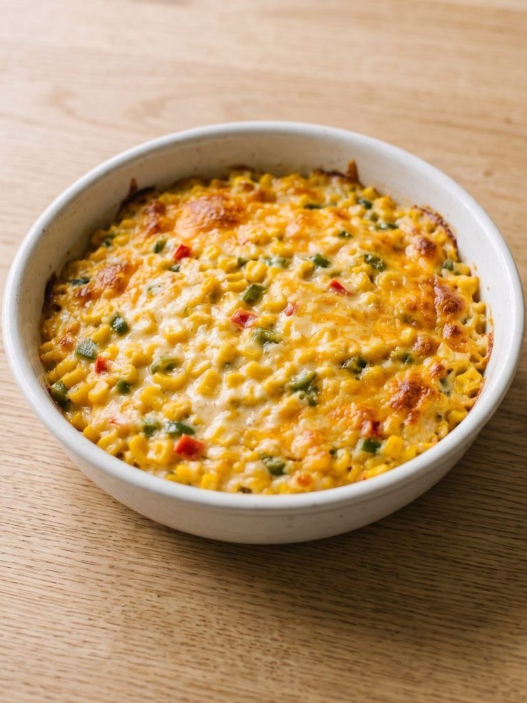 A bowl of creamy jalapeno corn casserole with melted cheddar and green jalapeno pieces