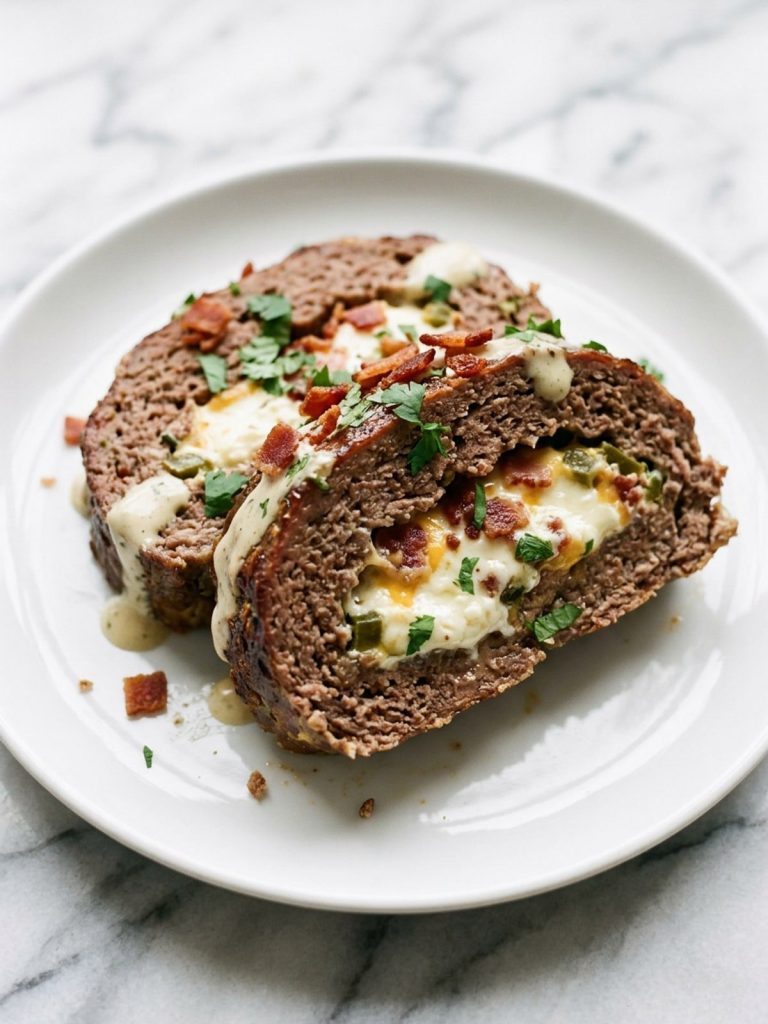 Two slices of jalapeno popper meatloaf with a cream cheese filling and a drizzle of creamy jalapeno sauce