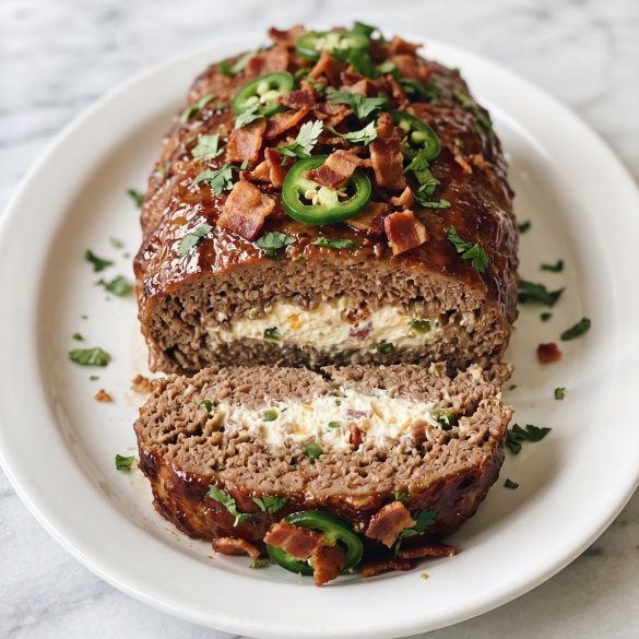A baked jalapeno popper meatloaf sliced to show a creamy cream cheese and jalapeno filling