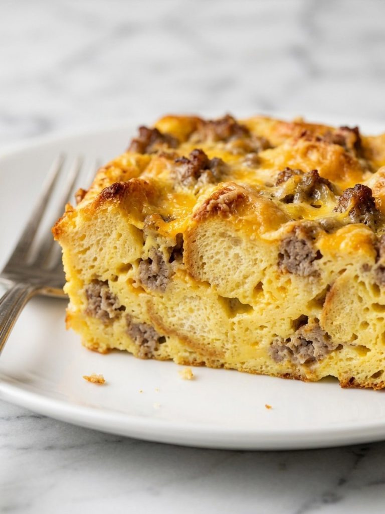 A square of sausage, egg and cheese bread casserole on a plate showing the set custard and bread cubes