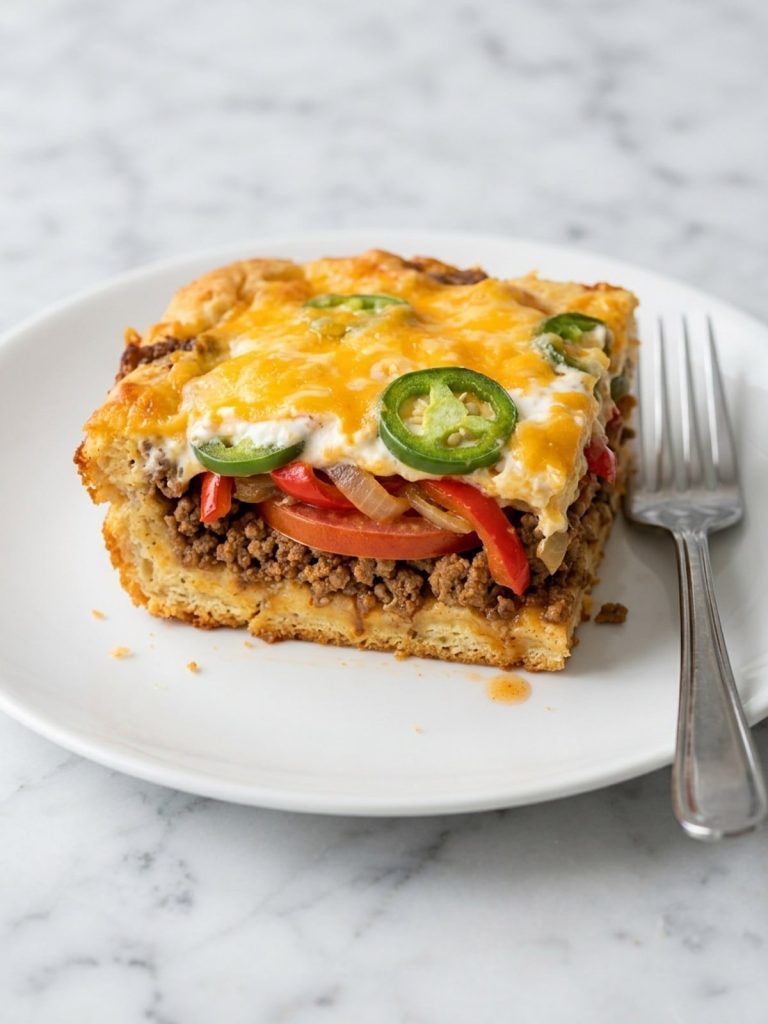A square of John Wayne casserole on a plate showing the biscuit crust, taco beef, tomatoes, peppers and cheese