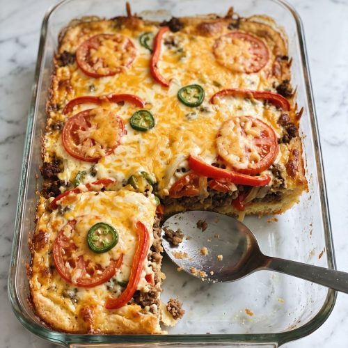John Wayne casserole in a glass baking dish with one square scooped out to show the biscuit crust and taco beef layers