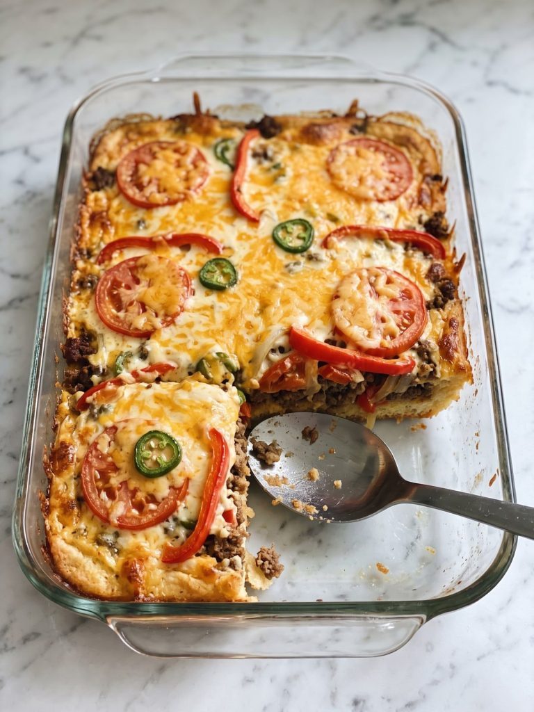 John Wayne casserole in a glass baking dish with one square scooped out to show the biscuit crust and taco beef layers