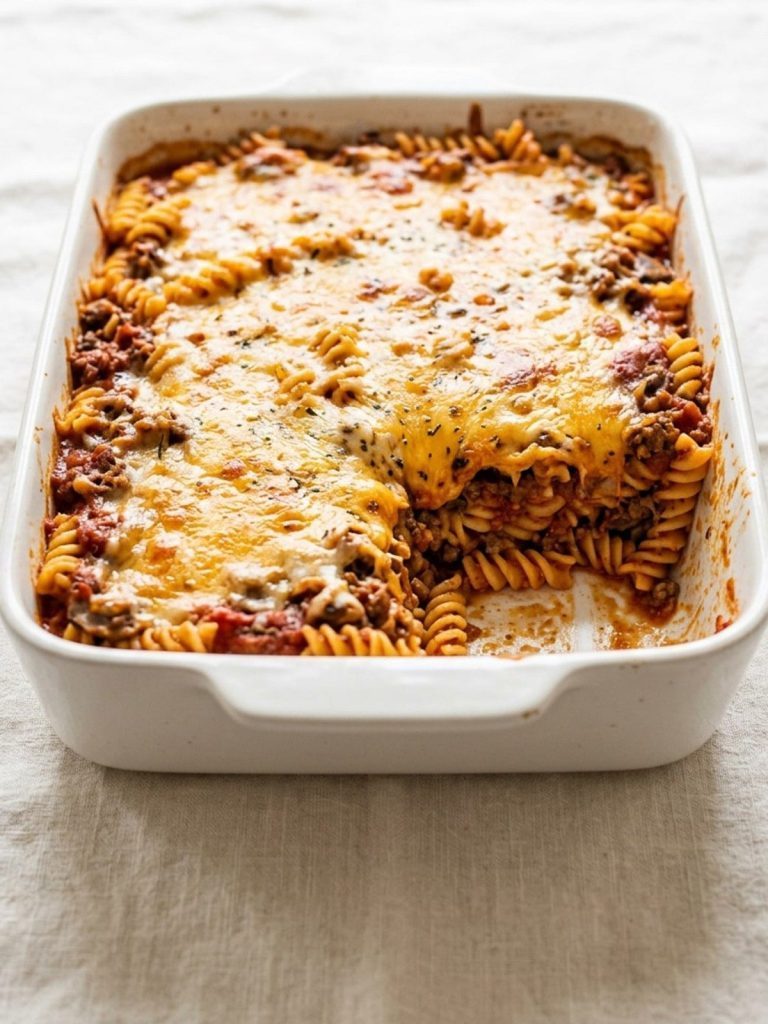 A 9x13 dish of Johnny Marzetti casserole with a golden Cheddar top and a portion served out