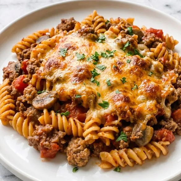 A serving of baked rotini with ground beef, sausage and tomato sauce under melted Cheddar on a plate