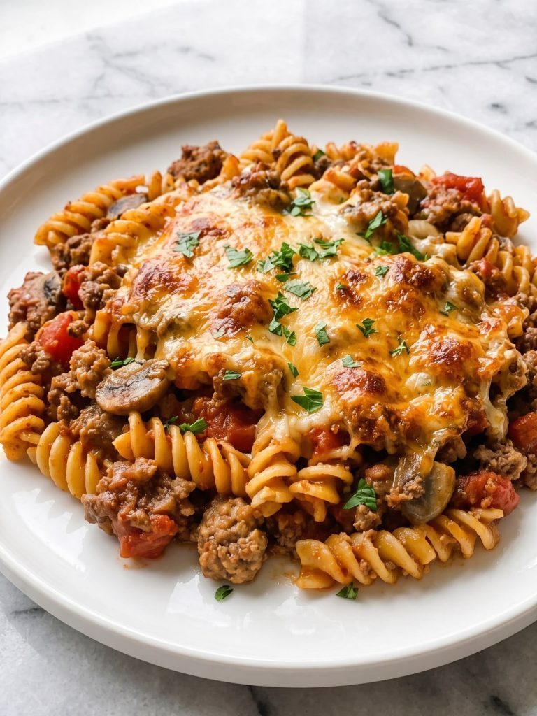 A serving of baked rotini with ground beef, sausage and tomato sauce under melted Cheddar on a plate