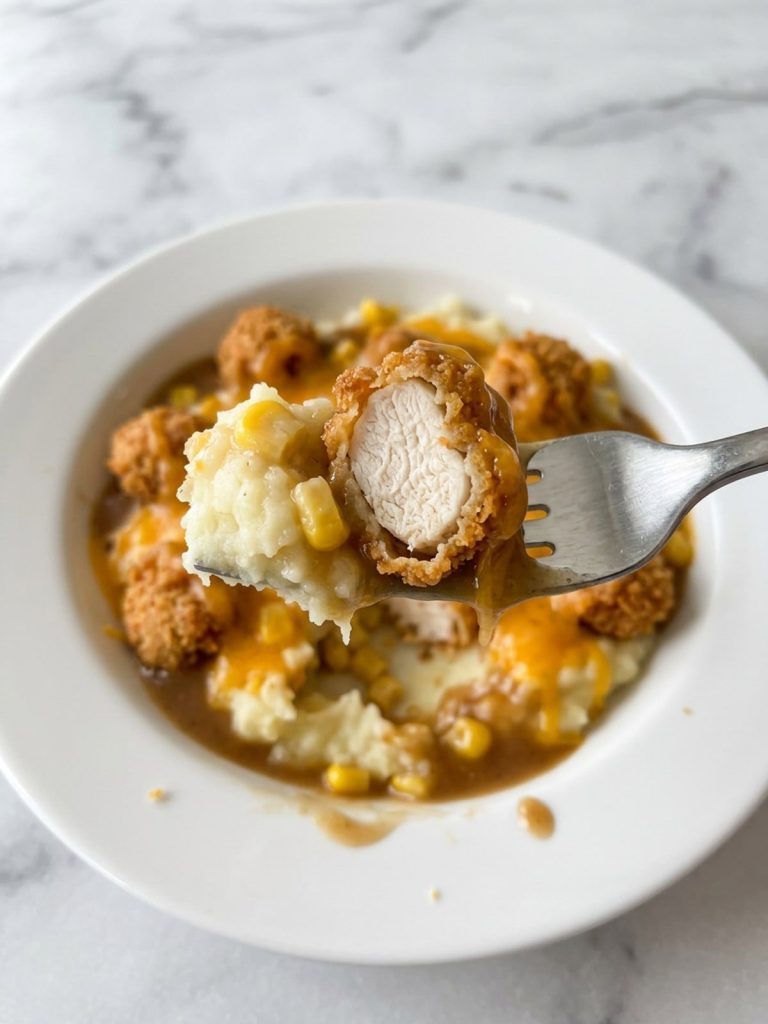 Close view of a forkful of crispy popcorn chicken with mashed potatoes, corn and gravy lifted above the bowl