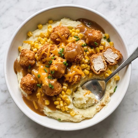 A white bowl of mashed potatoes layered with corn, crispy popcorn chicken, melted cheddar and brown gravy