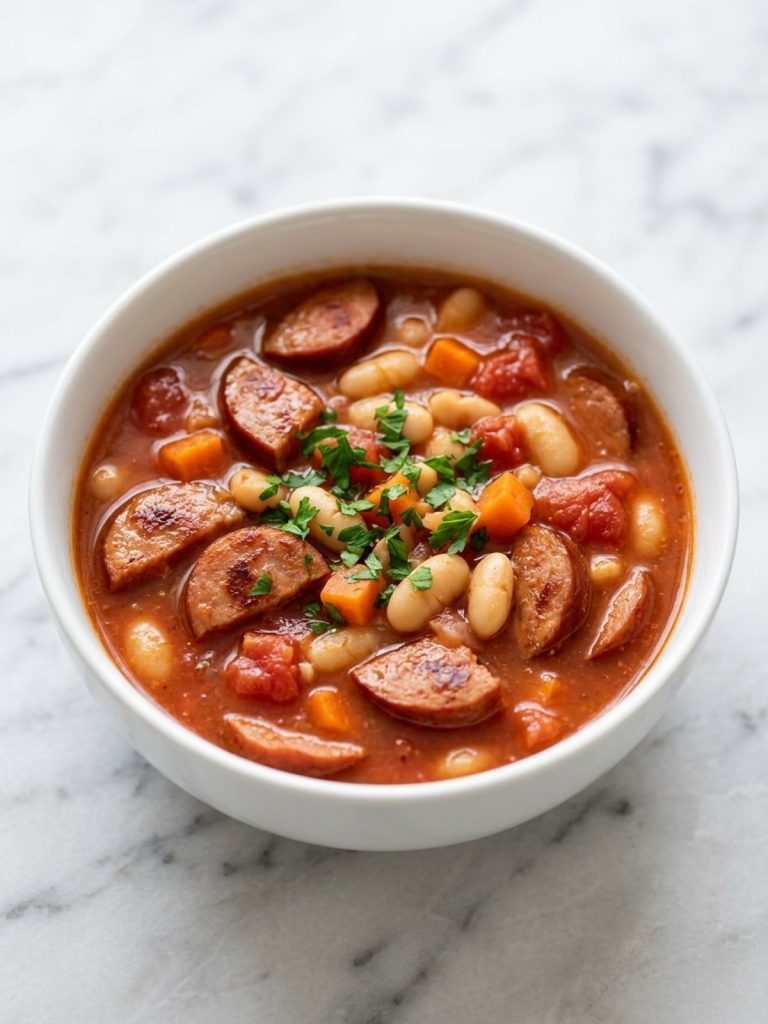 A bowl of kielbasa and white bean soup topped with parsley