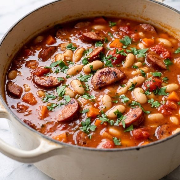 A pot of kielbasa bean soup with white beans, carrots and tomatoes