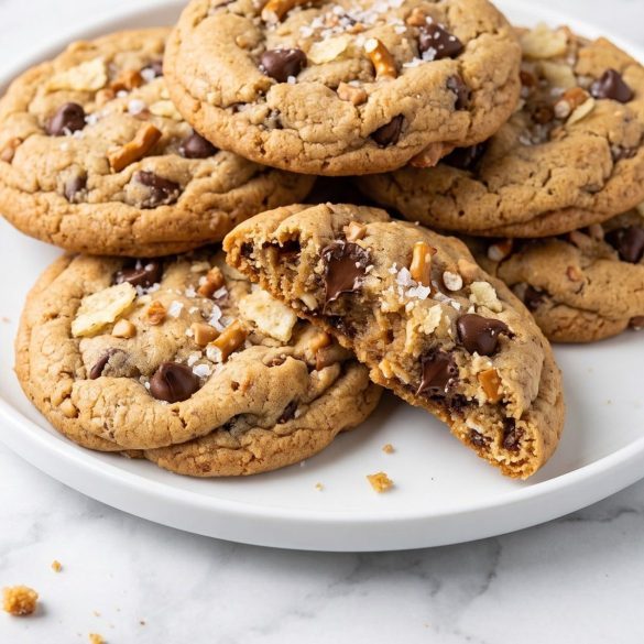A plate of kitchen sink cookies studded with chocolate chips, pretzel pieces, potato chips and toffee