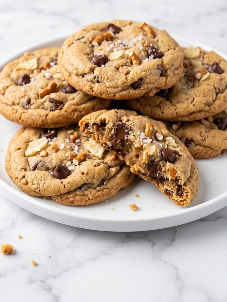 A plate of kitchen sink cookies studded with chocolate chips, pretzel pieces, potato chips and toffee