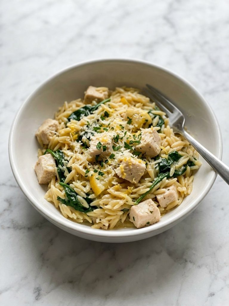 A white bowl filled with lemon chicken orzo, chicken cubes and wilted spinach