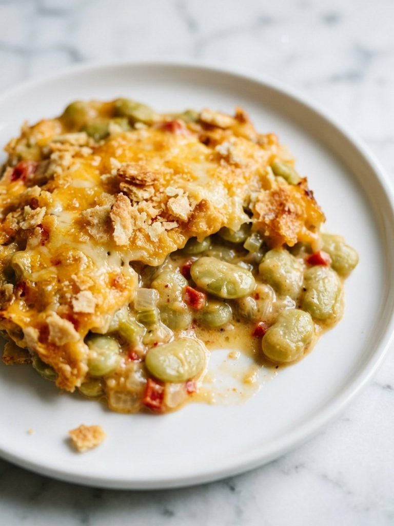 Close view of creamy cheesy lima beans with a crisp cracker topping