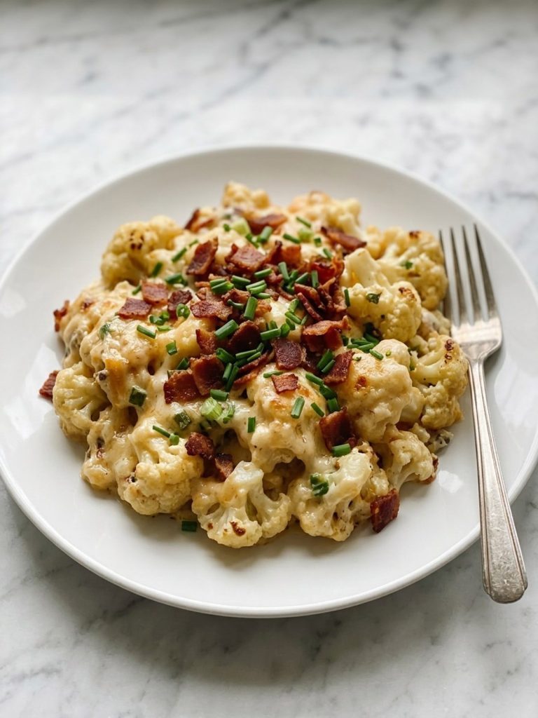 A white plate with a serving of loaded cauliflower casserole topped with crisp bacon and chopped chives