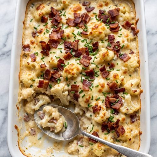 A white baking dish of loaded cauliflower casserole topped with bacon and chives, one corner scooped out to show creamy cheesy florets