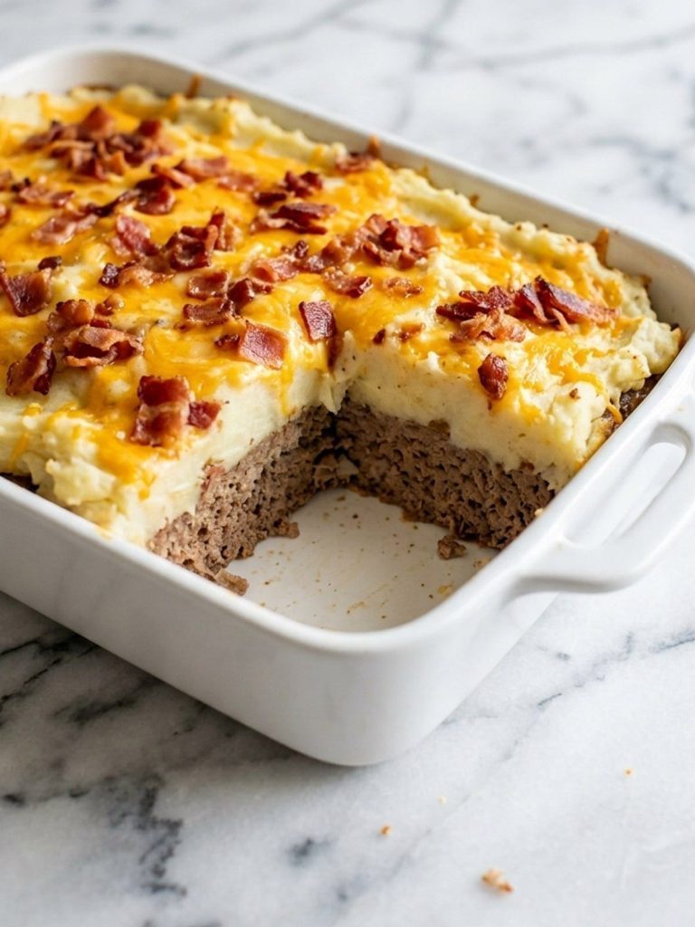 A 9x13 dish of meatloaf casserole with mashed potatoes, cheddar and bacon, one piece served out
