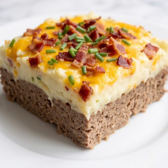 A square of meatloaf casserole topped with mashed potatoes, melted cheddar and bacon on a plate