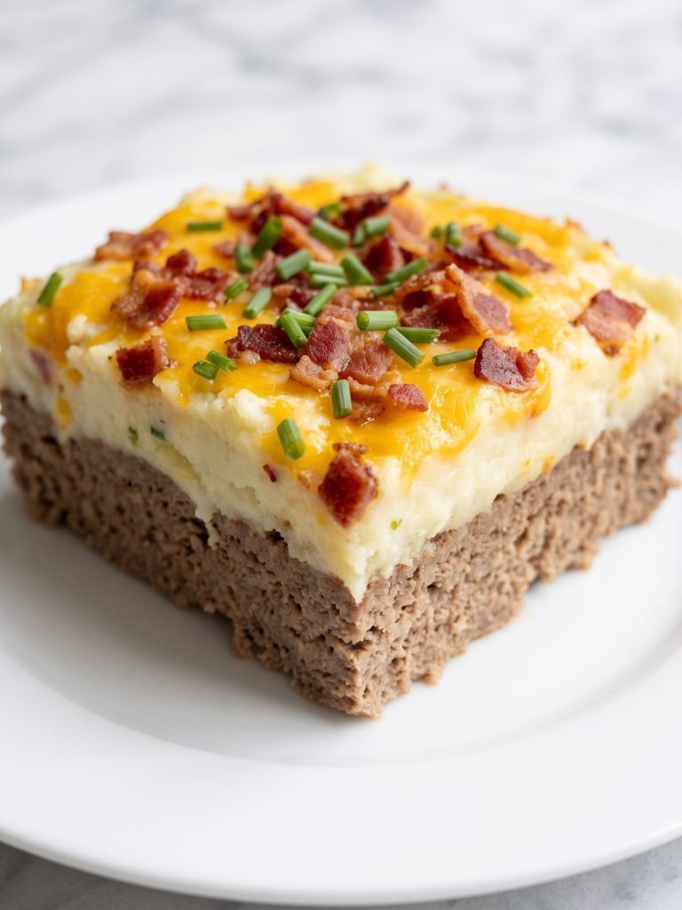 A square of meatloaf casserole topped with mashed potatoes, melted cheddar and bacon on a plate