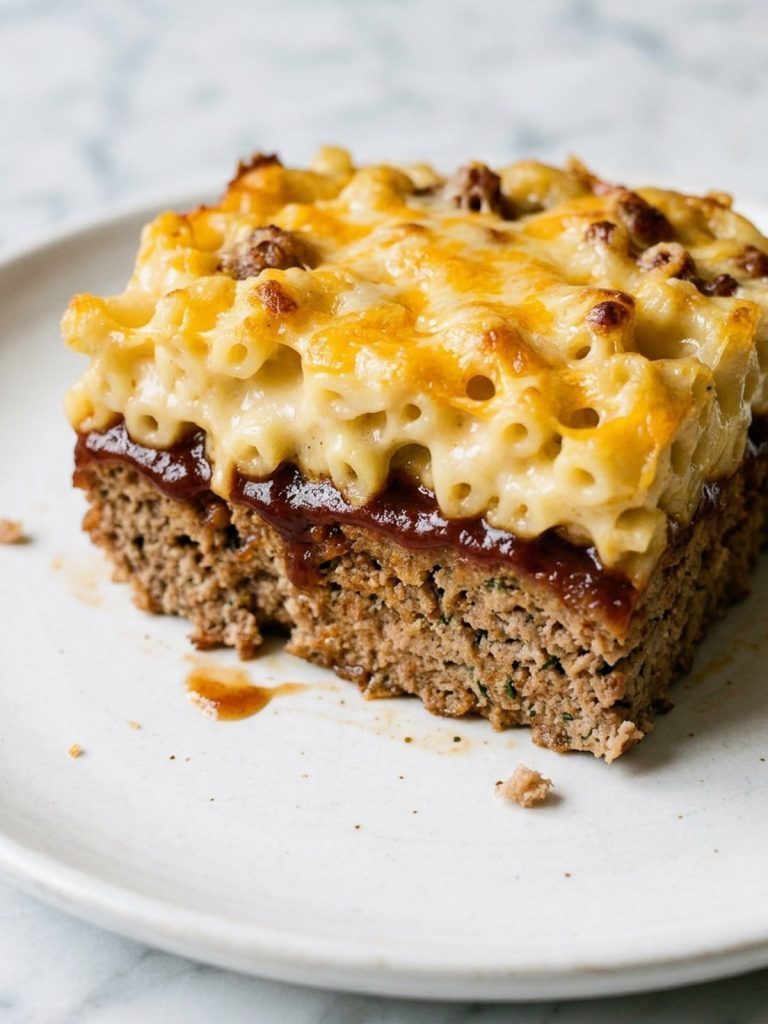 A square of mac and cheese meatloaf casserole on a plate showing the meatloaf, glaze and macaroni layers
