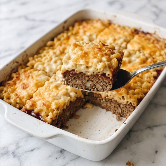 Mac and cheese meatloaf casserole in a white baking dish with one square lifted to show the meatloaf layer under the macaroni