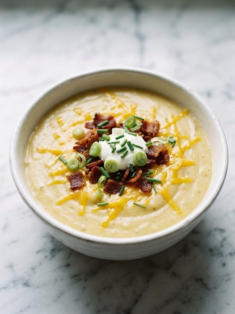 A full bowl of thick, creamy potato soup with shredded cheddar, bacon and green onions
