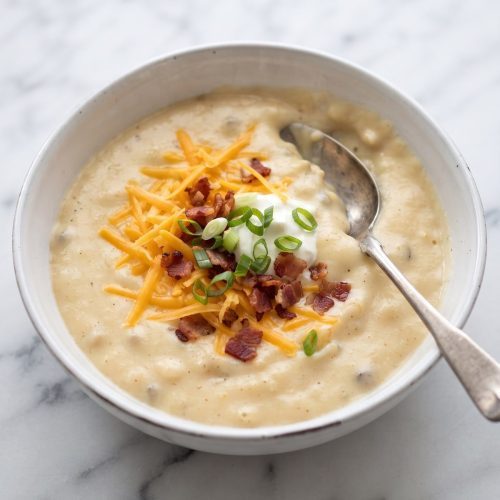A bowl of creamy mashed potato soup topped with cheddar, bacon, sour cream and green onions