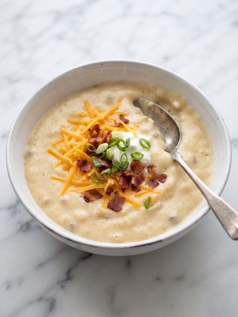 A bowl of creamy mashed potato soup topped with cheddar, bacon, sour cream and green onions