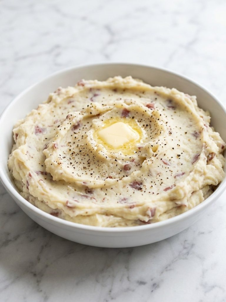 Mashed red potatoes with bits of red skin in a serving dish