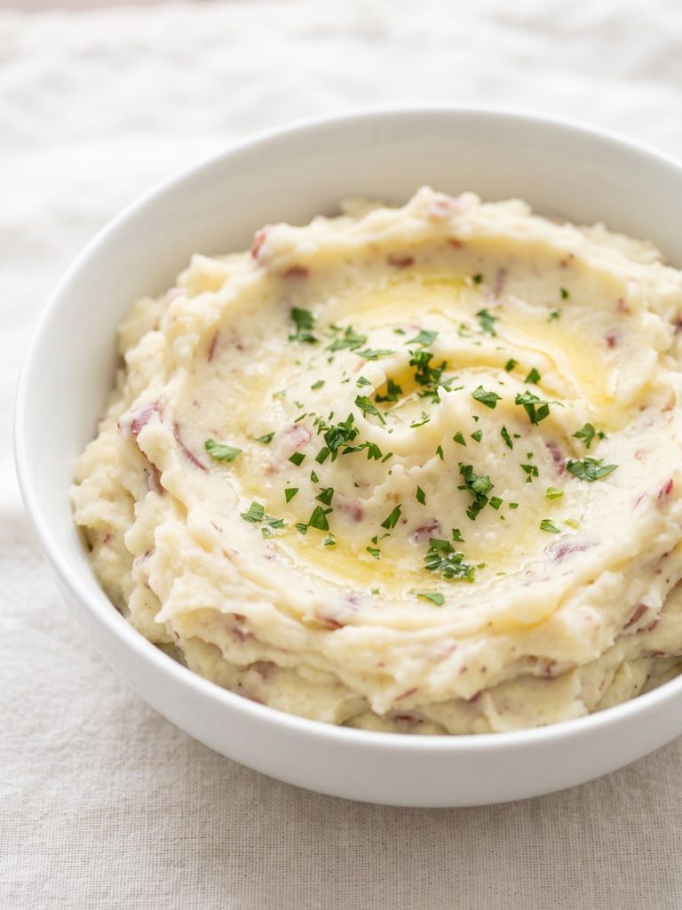 A bowl of skin-on mashed red potatoes with melted butter and parsley