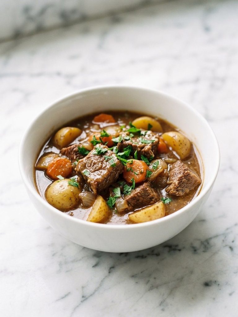A bowl of beef stew with potatoes and carrots in thick gravy