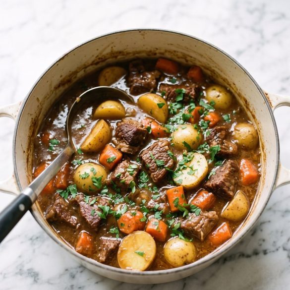 A Dutch oven of beef stew with tender chuck, potatoes and carrots in a rich gravy