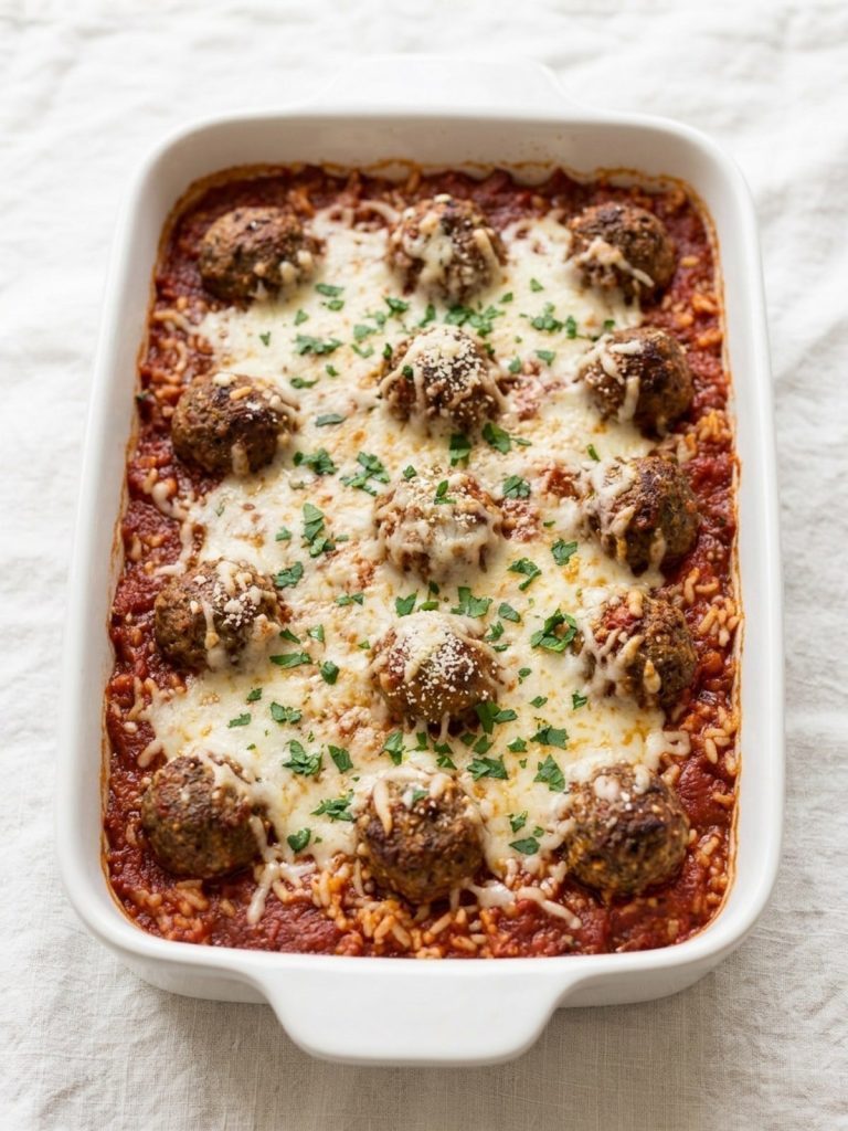 Meatballs and rice baked in marinara with melted cheese in a 9x13 dish