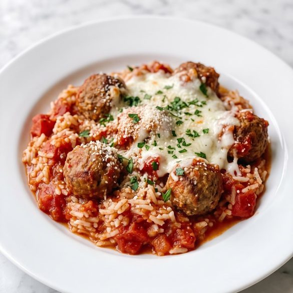 A serving of meatball and rice casserole with melted mozzarella and parsley on a plate
