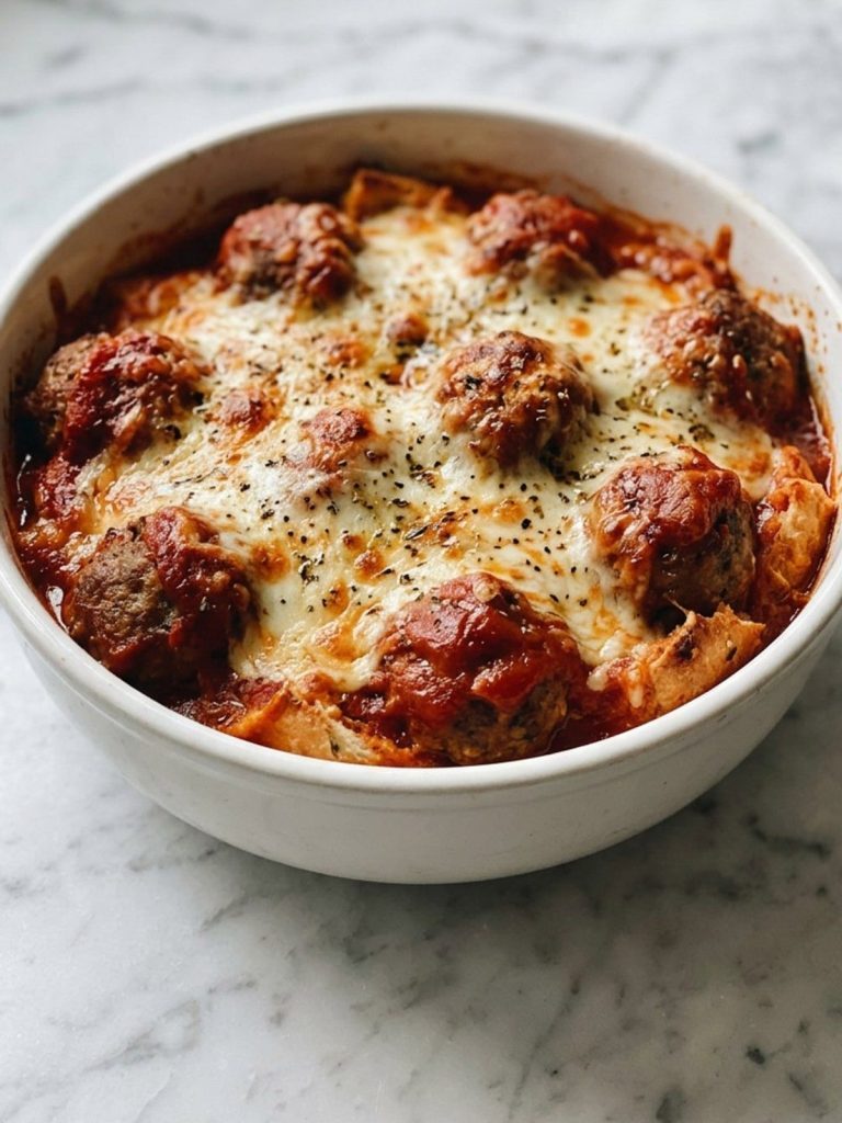 A 9x13 dish of meatball sub casserole with melted mozzarella and a square served out