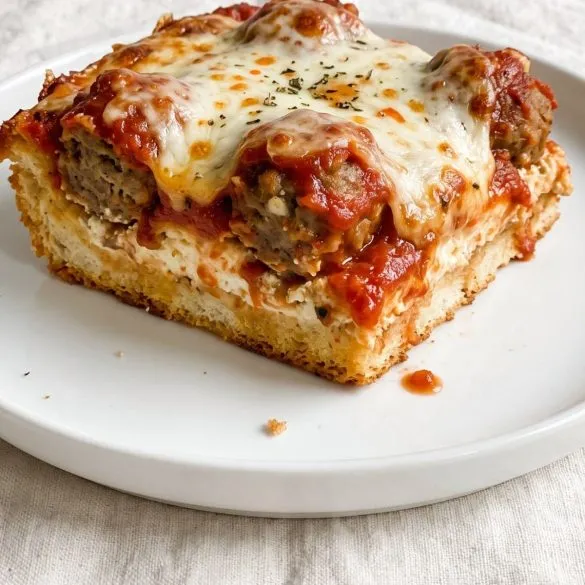 A square of meatball sub casserole with toasted bread, meatballs in marinara and melted mozzarella on a plate
