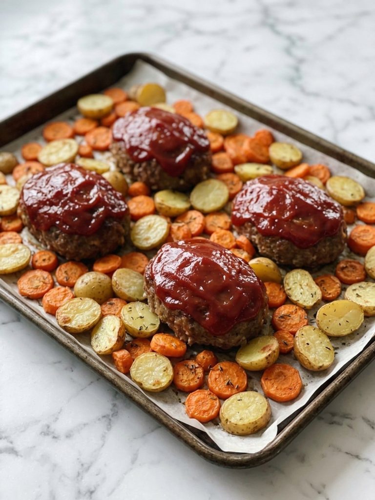 Four glazed mini meatloaves with roasted carrots and potatoes on a sheet pan