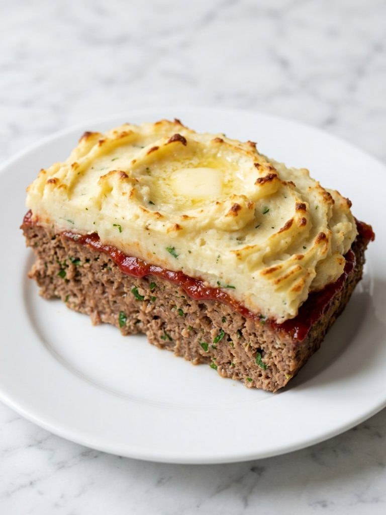 Close view of a slice of meatloaf topped with golden mashed potatoes