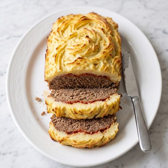 Meatloaf frosted with browned mashed potatoes on a white platter with two slices cut