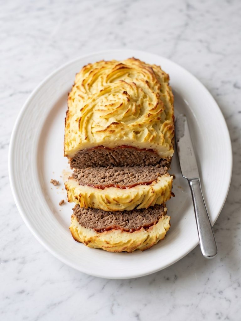 Meatloaf frosted with browned mashed potatoes on a white platter with two slices cut