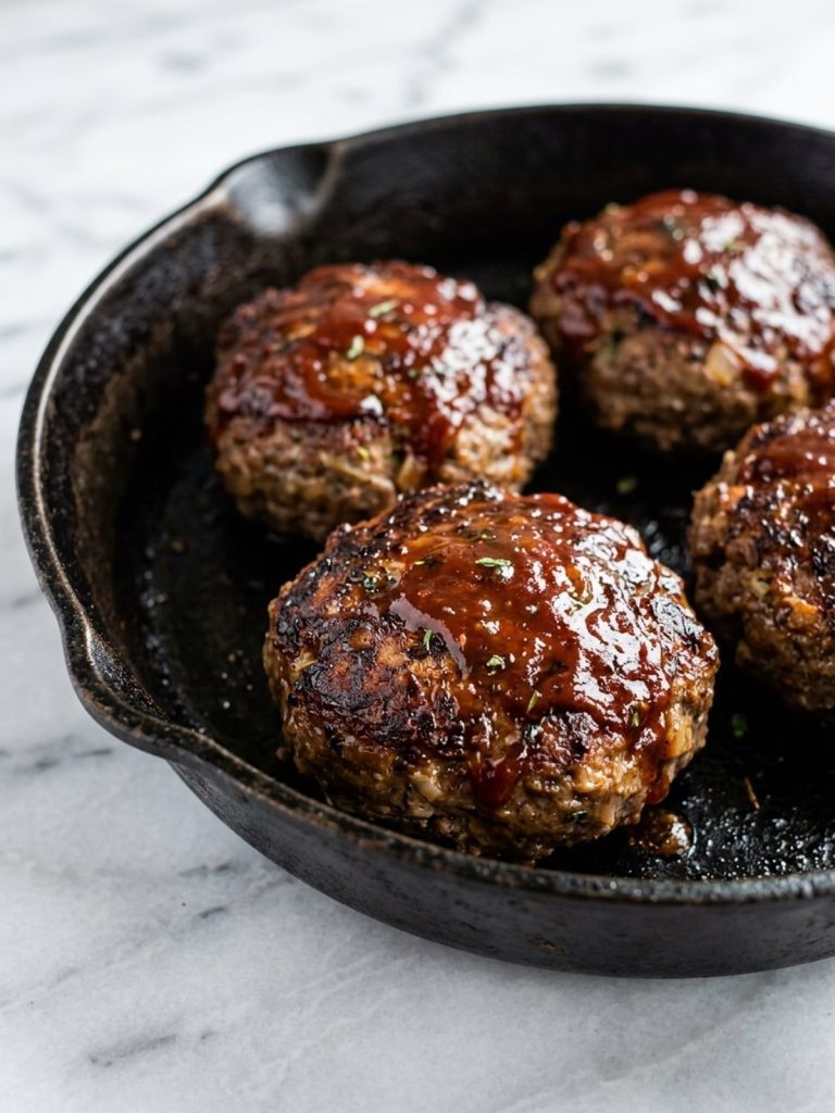 Close view of browned meatloaf patties with a glossy brown sugar ketchup glaze in a cast-iron skillet