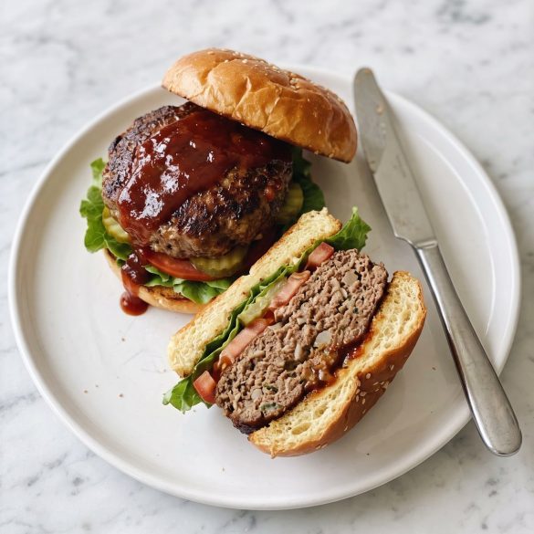A glazed meatloaf burger on a bun with lettuce, tomato and pickles, cut in half on a white plate