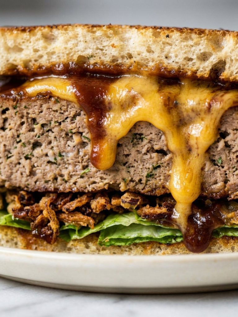 Close view of the cut side of a meatloaf sandwich with melted cheddar dripping over the seared meatloaf