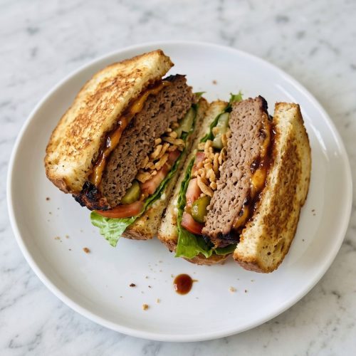 A hot meatloaf sandwich on toasted sourdough with melted cheddar, BBQ sauce, lettuce, tomato and crispy onions, cut in half