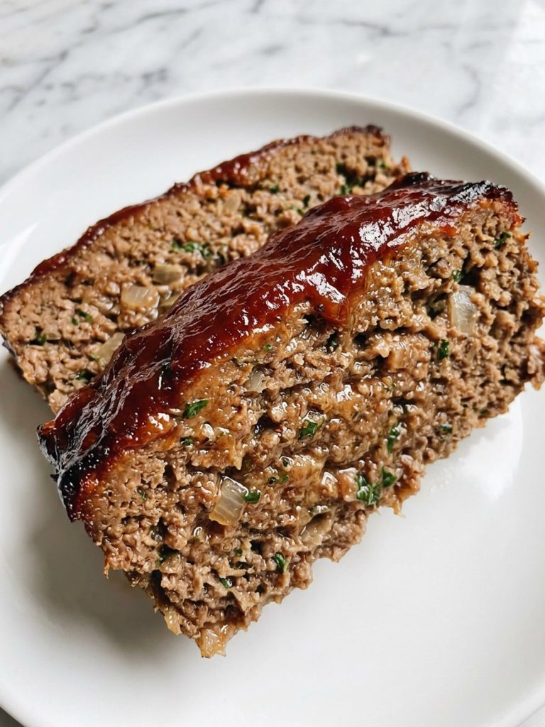 A plate with two thick slices of meatloaf topped with shiny meatloaf sauce